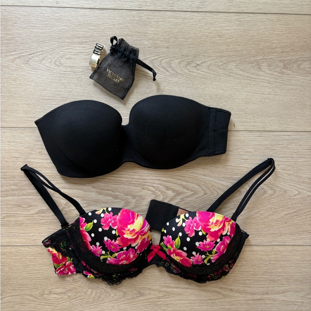 Victoria's Secret Black and Pink Floral Bra Duo